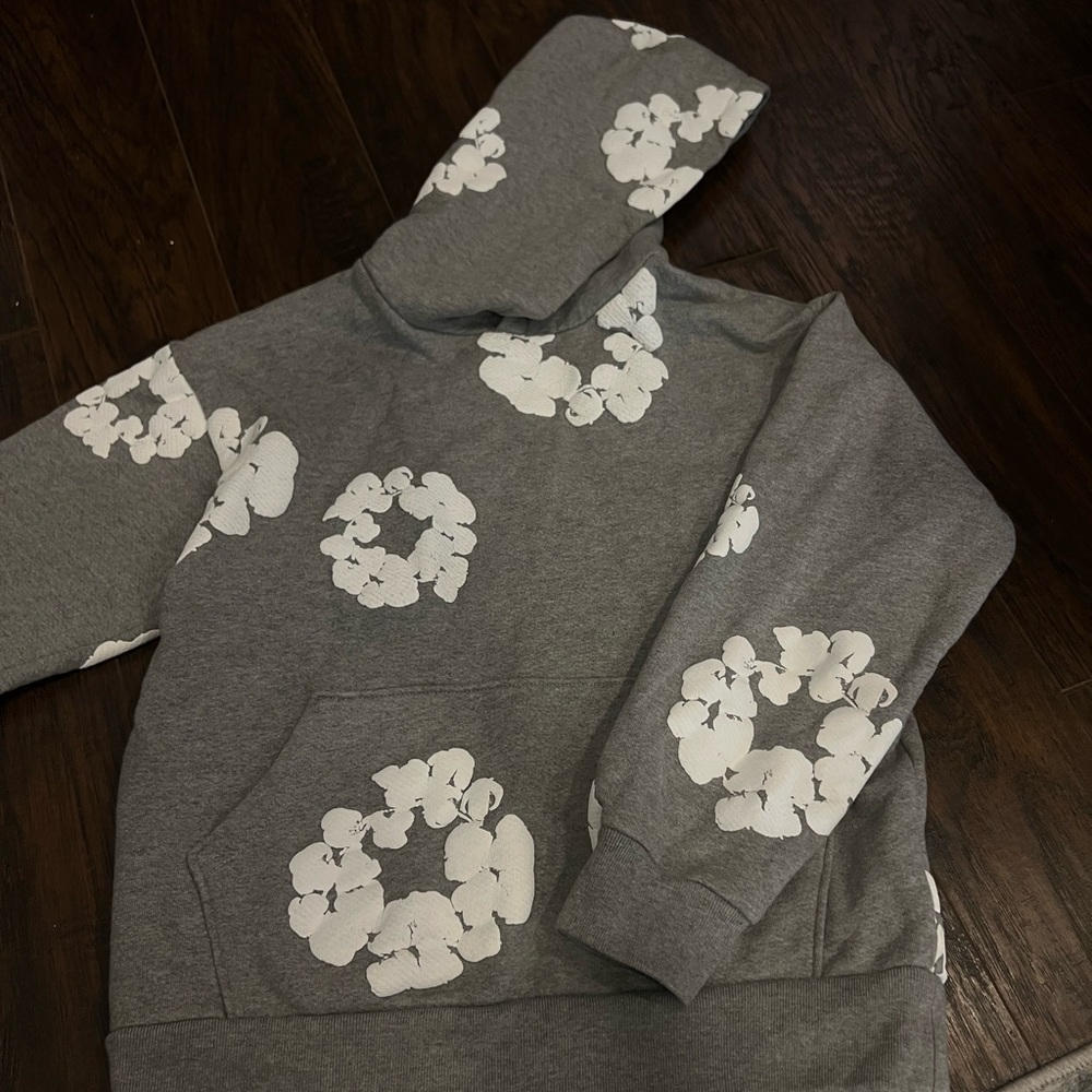 Gray Hoodie with White Floral Print